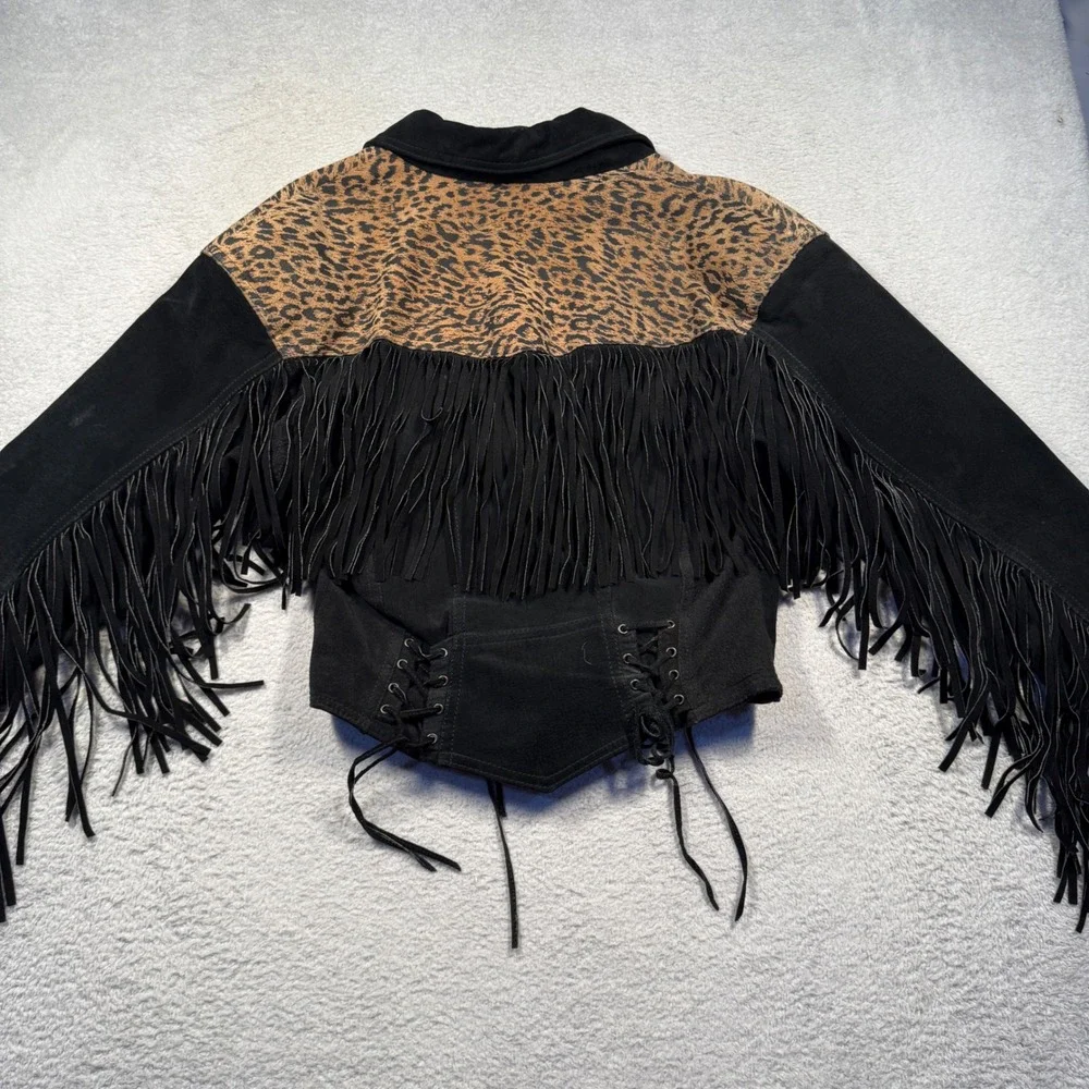 Vintage 80s CHIA Womens Black Suede Leopard Print Fringe Lace Up Jacket M - Picture 3 of 9